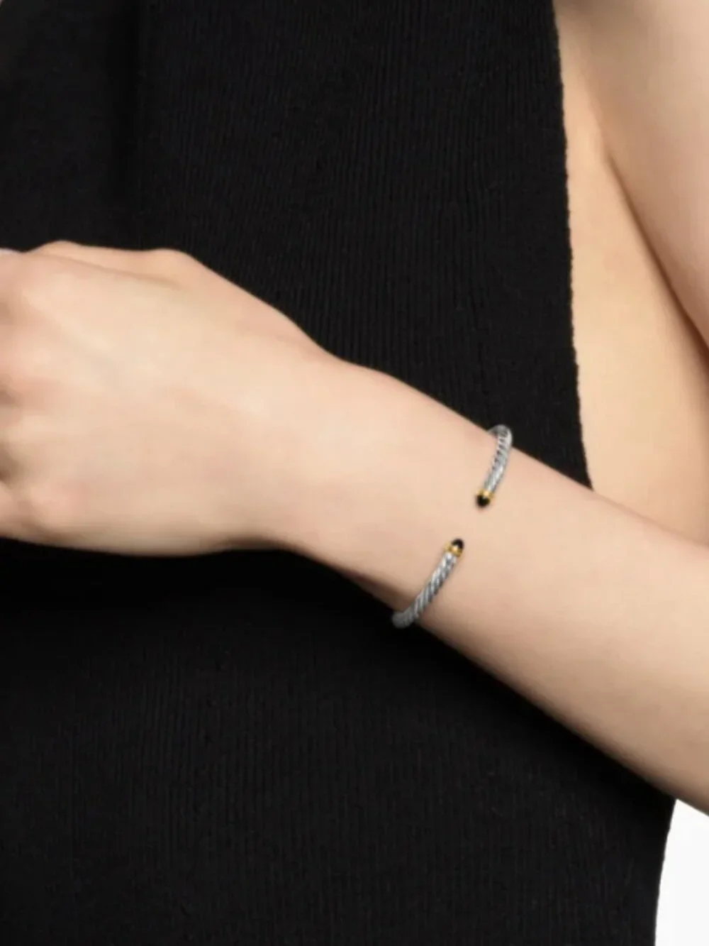 Cable Flex® Bracelet Sterling Silver with 14K Yellow Gold and Black Onyx, 4mm
